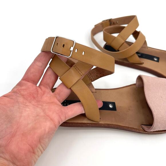 Matt Bernson Estela Sandals Blush Suede Wheat Leather Flats Ankle Wrap Size 7 - Picture 9 of 16